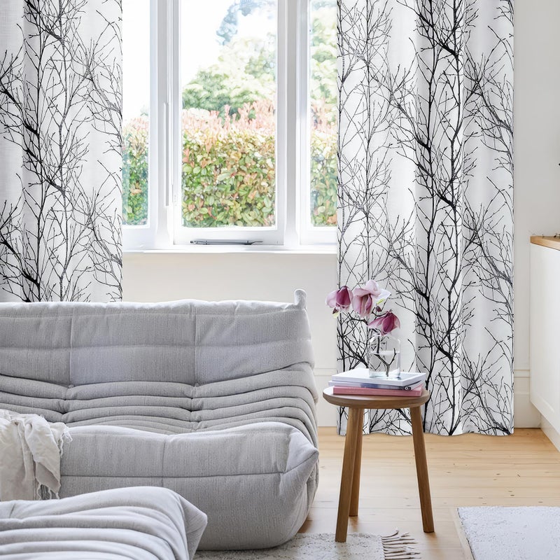 FMFUNCTEX Linen Semi Sheer Curtains for Bedroom, Black White Curtains 72 Inches Long for Living Room, Grey Tree Branch Patterned Curtain Light Filtering Farmhouse Window Drapes, Grommet Top 2 Panels - Image 5
